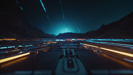 Futuristic city with high speed road at night 3d renderingの素材