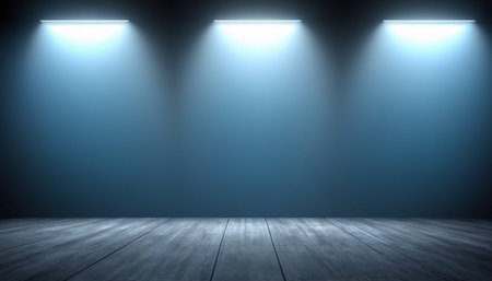Blue wall and floor with spotlights, 3d rendering. Computer digital drawing.の素材