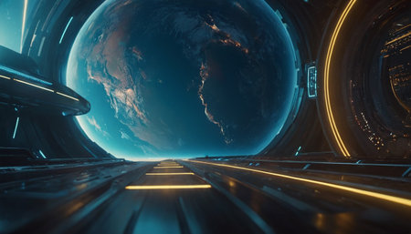 View of a futuristic planet from a futuristic space station 3d renderingの素材