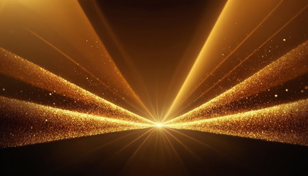 golden glitter particles and light rays on black background. Luxury abstract backgroundの素材