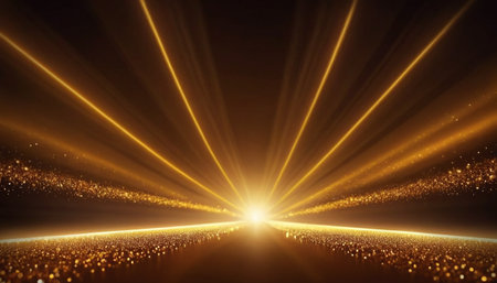 abstract scene with light rays and sparkles on a dark backgroundの素材