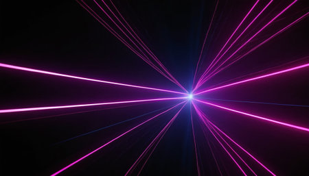 3d illustration of a laser beam in the dark with purple lightsの素材