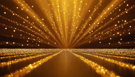 golden glitter vintage lights background. gold luxury sparkling vintage lights background.の素材