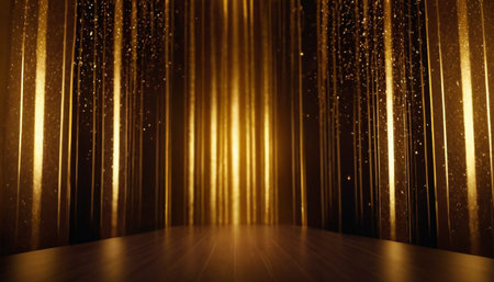 Golden stage curtains with gold lights. 3d render illustration background.の素材
