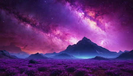 Fantasy alien planet. Mountain and purple flowers. 3D illustrationの素材