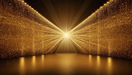 Abstract background with golden lights and spotlights. 3D rendering.の素材