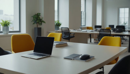 Interior of a modern office with white tables and yellow chairs.の素材