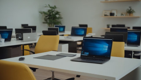 Laptop computers on the table in a modern office. Blurred backgroundの素材