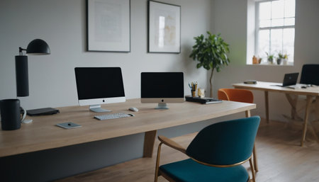 Modern workplace with computers and gadgets on wooden table in modern office interiorの素材