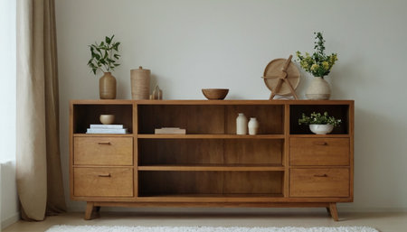 Interior design of living room with wooden commode and vaseの素材