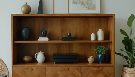 Wooden bookshelf with vases and plants in living roomの素材