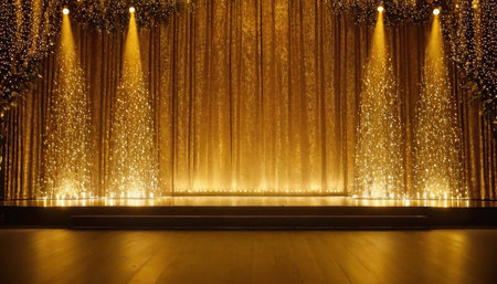golden stage curtain with spotlights in a concert hall or theaterの素材