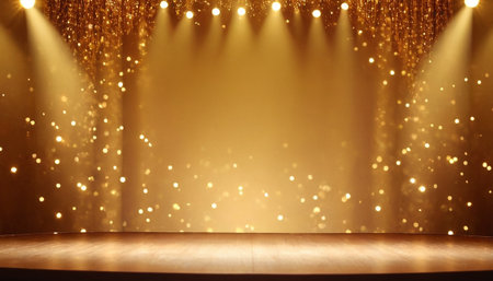 Empty wooden table and spotlights on gold background. For product displayの素材