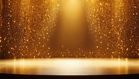 Golden stage background with spotlights and golden bokeh effect.の素材