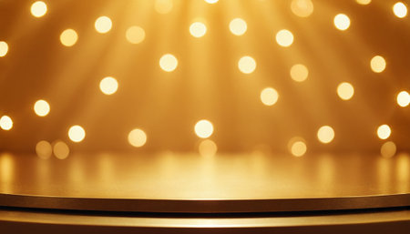 Golden bokeh lights on stage background. Festive background.の素材