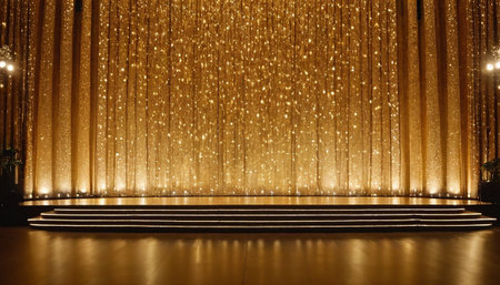 golden curtain in a concert hall, closeup of photo.の素材