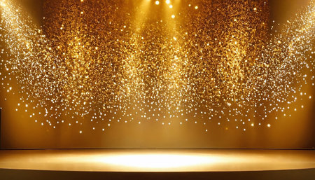 golden stage background with spotlights and glitter. 3d renderの素材