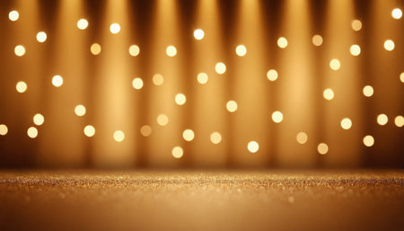 Golden bokeh background. Festive background with golden lights.の素材