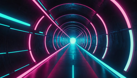 3d render, abstract background with neon lights. Futuristic tunnel.の素材