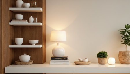 Interior of modern living room with bookshelf, lamp and plantsの素材