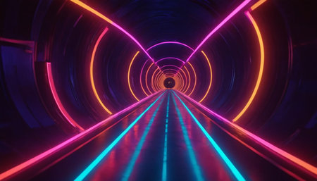 3D abstract background with neon lights. 3d illustration of neon tunnelの素材