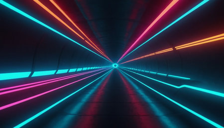 3d render, abstract background with colorful neon lights, tunnel corridorの素材
