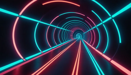 3D abstract background with neon lights. neon tunnel.space construction. 3d illustrationの素材