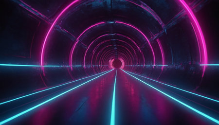 3d render, abstract tunnel with neon lights, 3d illustrationの素材
