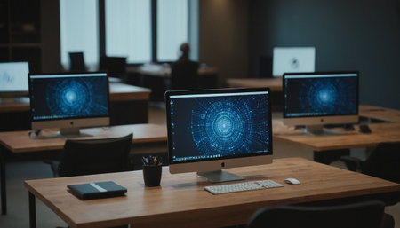Computer monitors with global network hologram on the screen in empty officeの素材