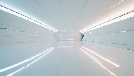 Interior of a modern spaceship with white walls and white ceiling.の素材