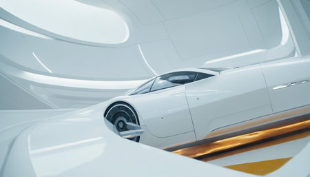 3d render of a futuristic car inside a white spaceship. Futuristic spaceship interiorの素材