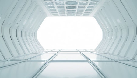 Futuristic corridor interior with white walls and ceiling. 3d renderingの素材