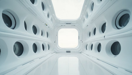 White spaceship interior. Futuristic spaceship interior. 3d rendering.の素材