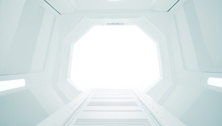 Futuristic White Spaceship Interior Background. 3d Renderingの素材