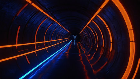 3d illustration of a tunnel with glowing neon lights in the darkの素材