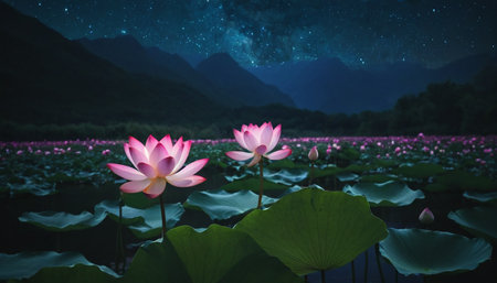 Beautiful lotus flower in the lake with starry sky.の素材