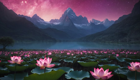 Beautiful pink lotus flowers blooming in the lake at night.の素材