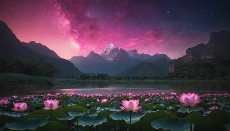 Milky way galaxy and lotus flower in the lake with mountain backgroundの素材