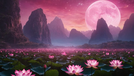 Beautiful landscape with lotus flower and full moon. 3D renderingの素材
