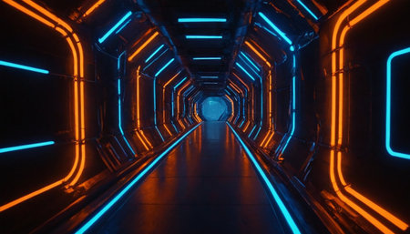 abstract futuristic scifi tunnel corridor with glowing lights 3d rendering background wallpaperの素材