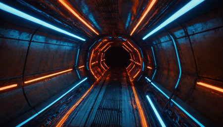 Futuristic tunnel with glowing neon lights. 3d rendering.の素材