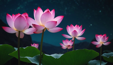 Lotus flower blooming in the pond with night sky background.の素材