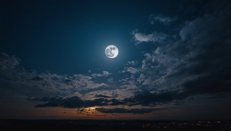 The full moon in the night sky over the city. Landscape.の素材