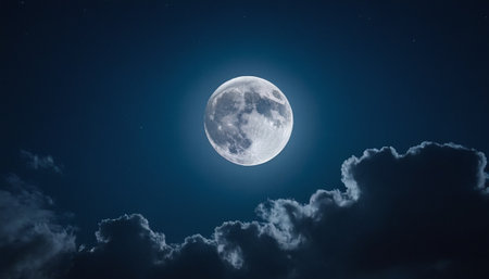 Full moon in the night sky with clouds 3D rendering illustration.の素材