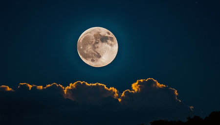 Full moon over the clouds in the night sky, nature background.の素材