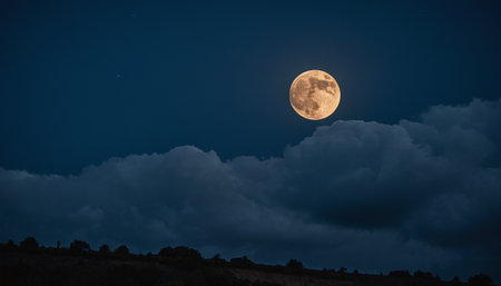 Full moon in the night sky with clouds and sunbeams.の素材