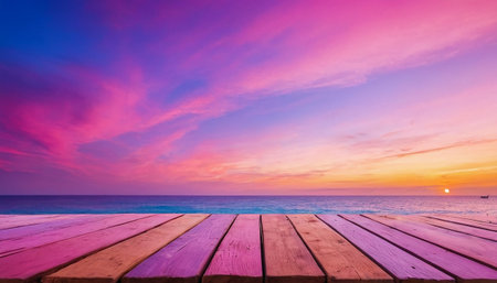 Wooden floor on the beach with twilight sky background - Vintage Filterの素材
