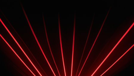 Red laser beams on a black background. 3d rendering. Computer digital drawing.の素材