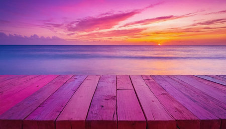 Wood table top on sunset sea background - can be used for display or montage your productsの素材