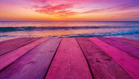 Wooden floor on the beach with sunset sky and sea background.の素材